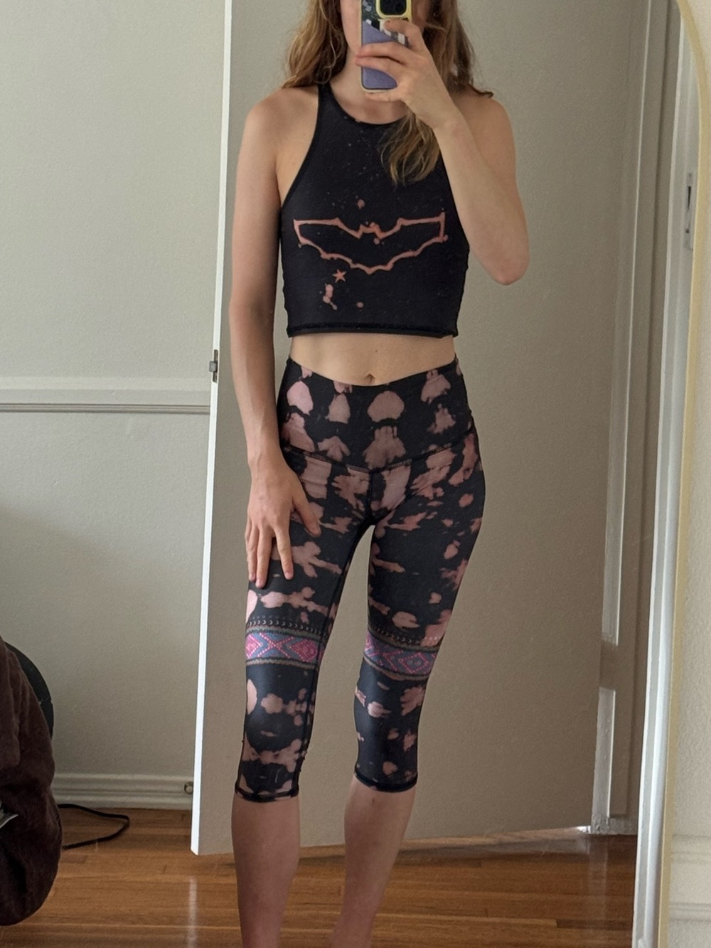 teeki Black & Pink Batcrop Halter Tank with Capri Leggings